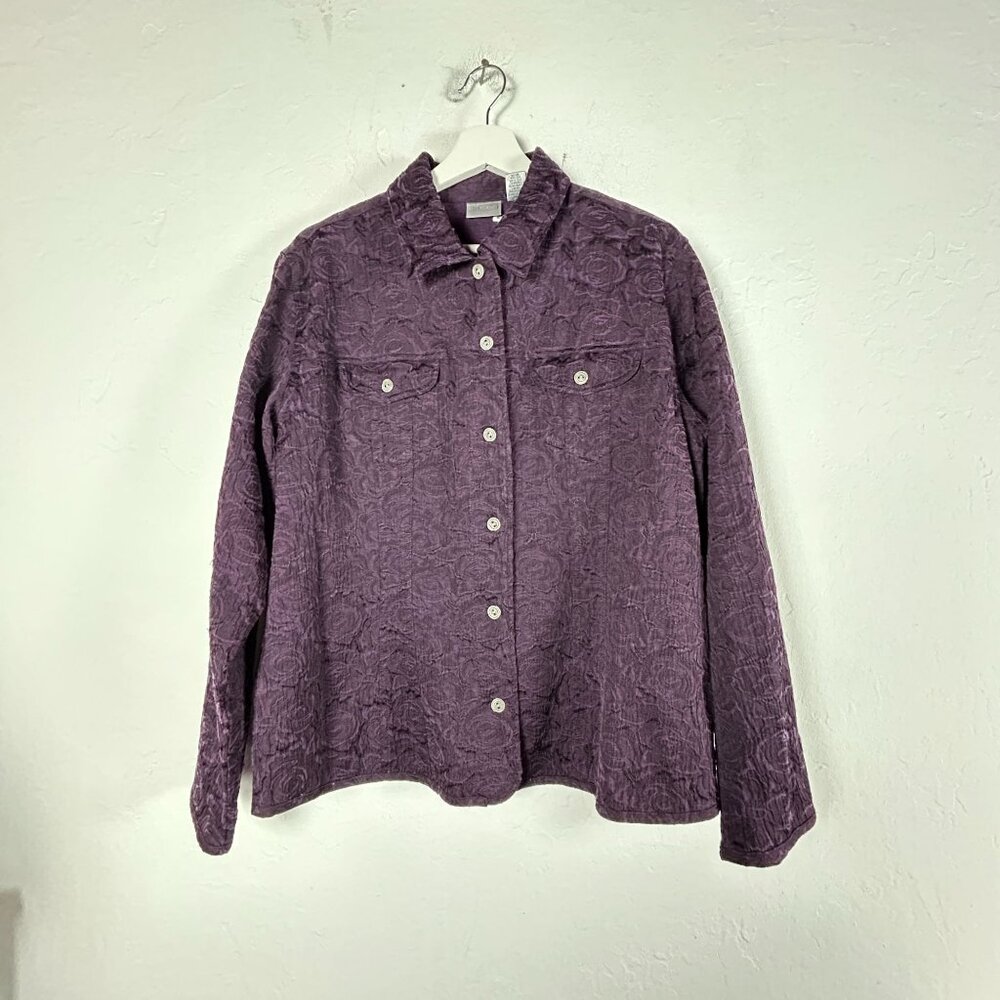 Chico's Womens Size 3 Purple Textured Floral Button-Up Shirt Jacket Long Sleeves
